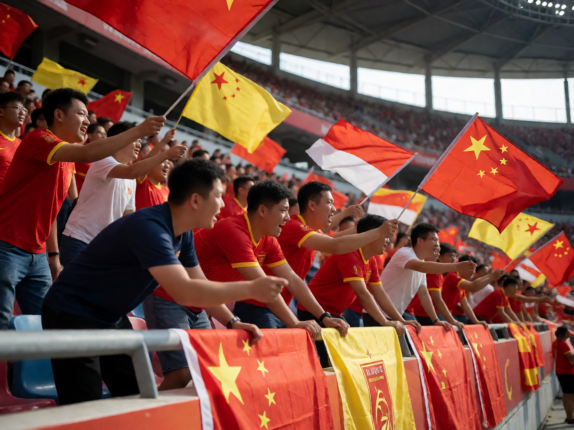 球迷在看台上挥舞旗帜为球队加油，现场气氛热烈高涨
